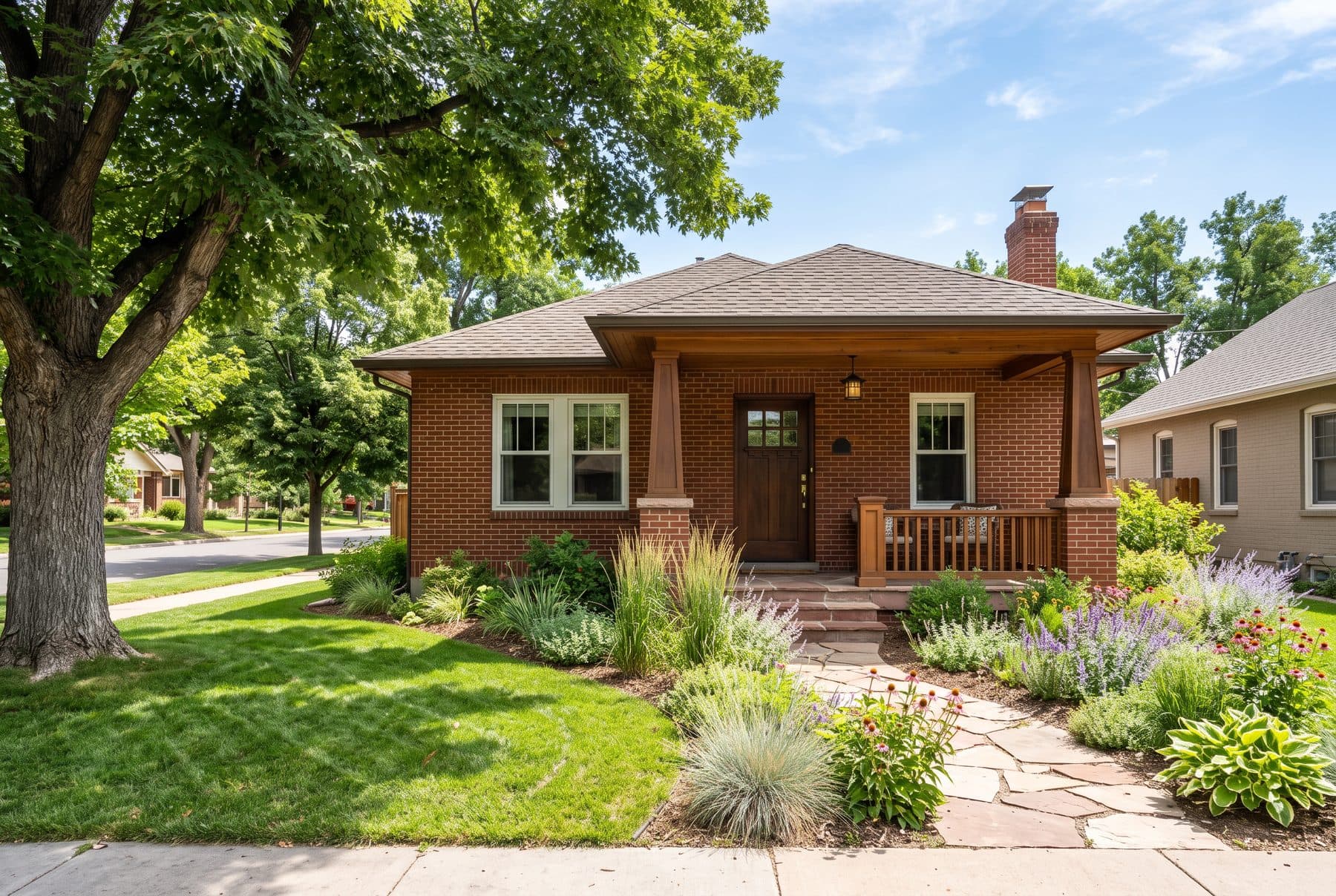 1920s brick bungalow with a deep porch, North Denver, Denver